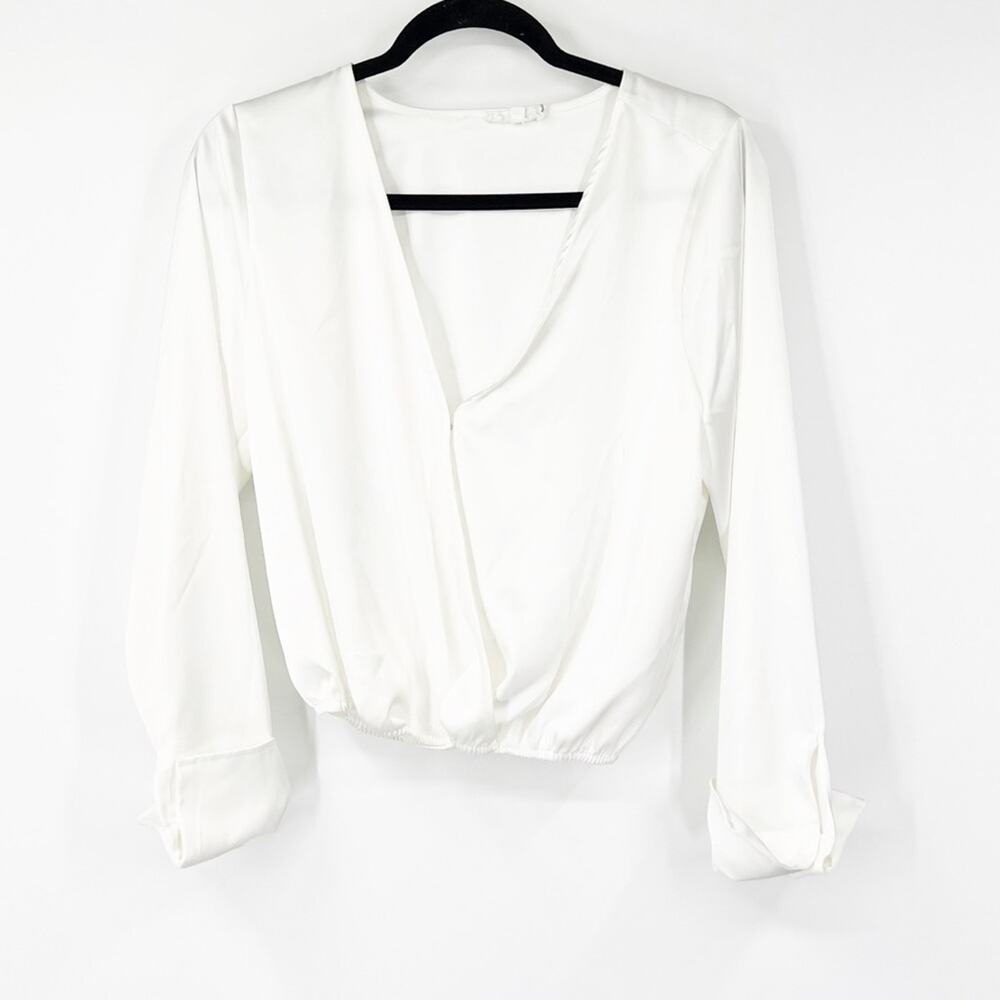 Good American Long Sleeve Satin Faux Wrap Top Cuffed Sleeves